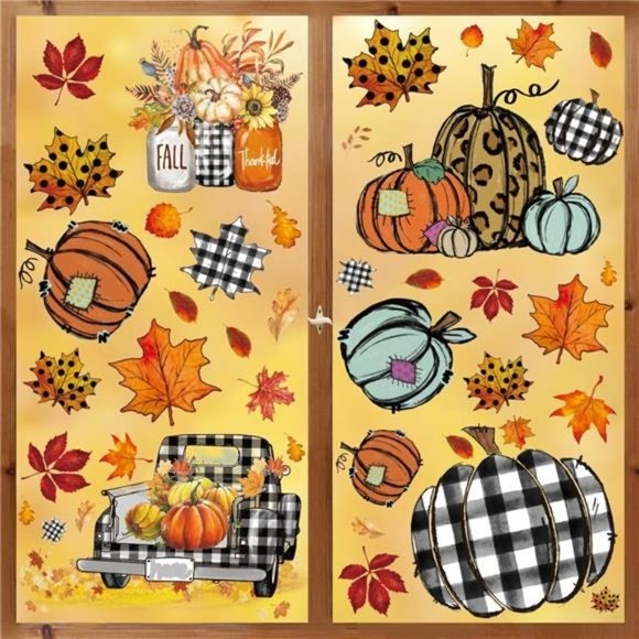 108 PCS Fall Window Cling Sticker, Thanksgiving Autumn Harvest Colorful Pumpkin - Picture 2 of 6